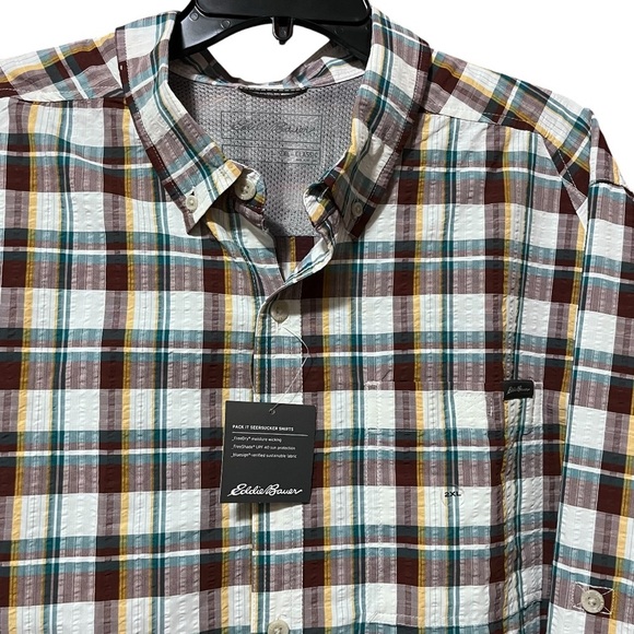 Eddie Bauer UPF 40 MR Long-Sleeve Pack It Tech Seersucker Dk Sable Size XXL - Picture 2 of 12